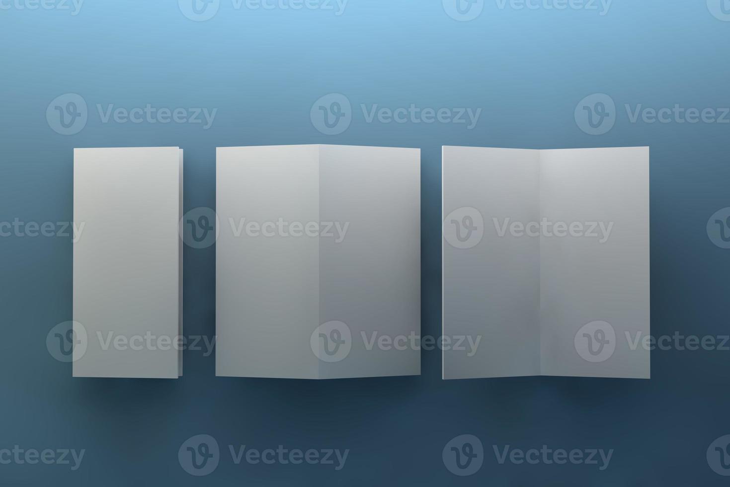 Bi fold or Vertical half fold brochure mock up isolated on soft gray background. 3D render illustration photo
