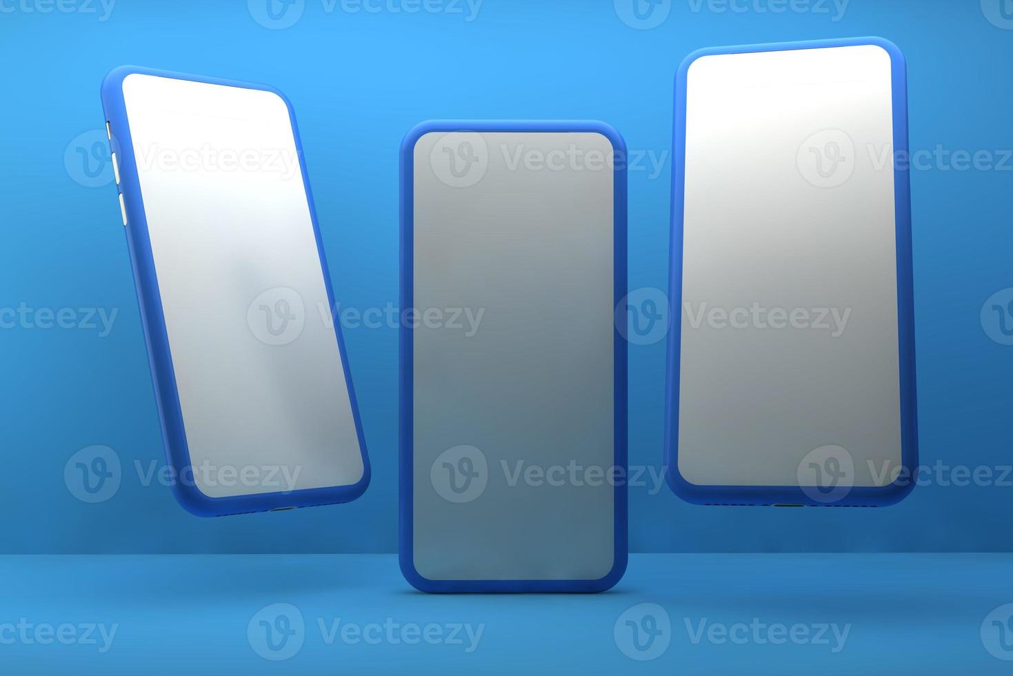 Smartphones with blank screens on blue background. 3D rendering. photo