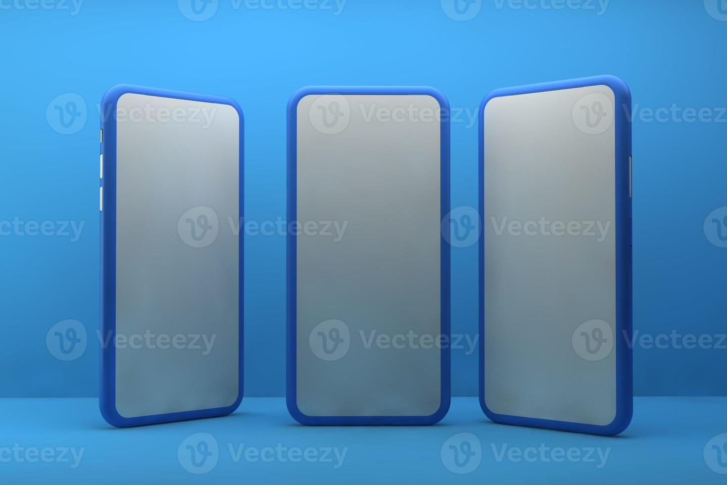 Smartphones with blank screens on blue background. 3D rendering. photo