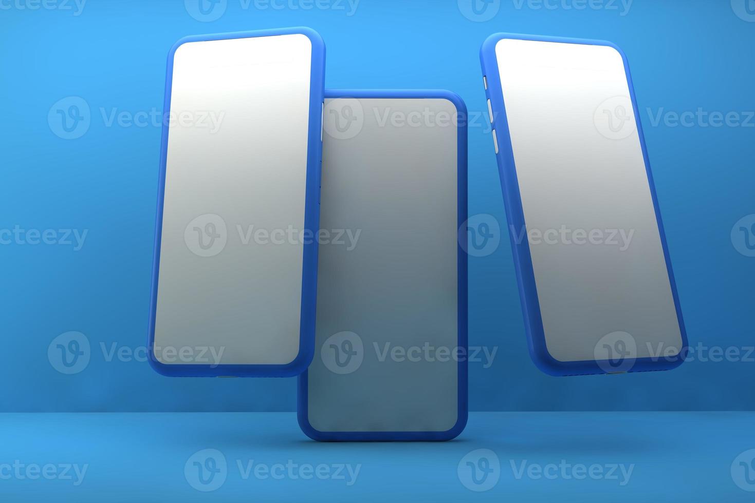 Smartphones with blank screens on blue background. 3D rendering. photo