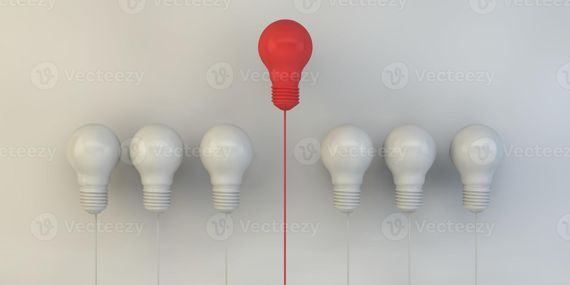 A red light bulb surrounded by white light bulbs on a pastel background photo