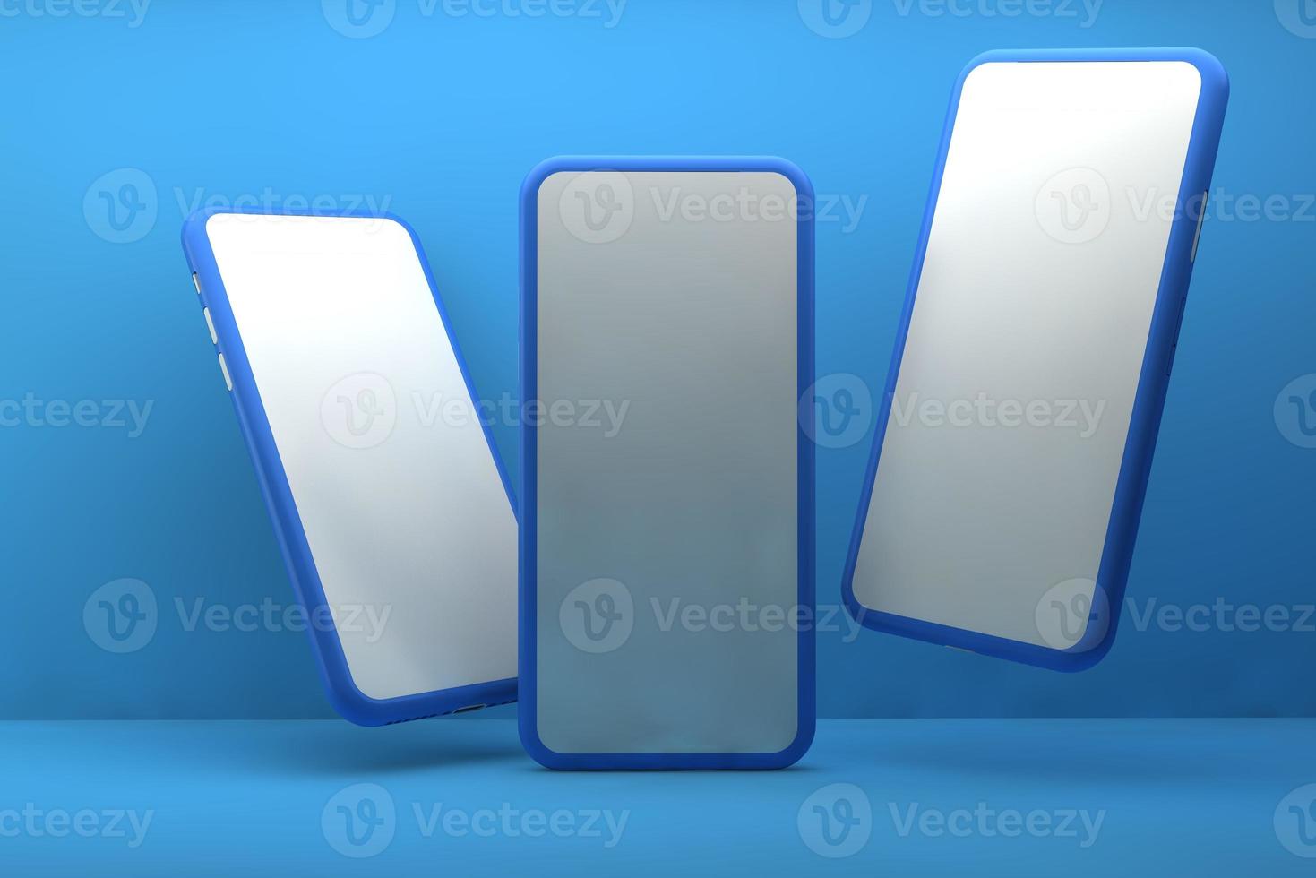 Smartphones with blank screens on blue background. 3D rendering. photo