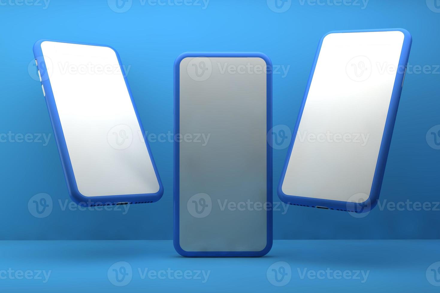 Smartphones with blank screens on blue background. 3D rendering. photo