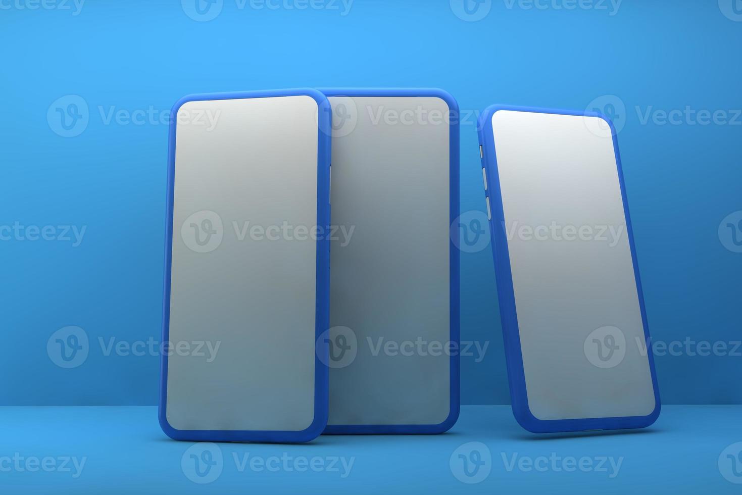Smartphones with blank screens on blue background. 3D rendering. photo