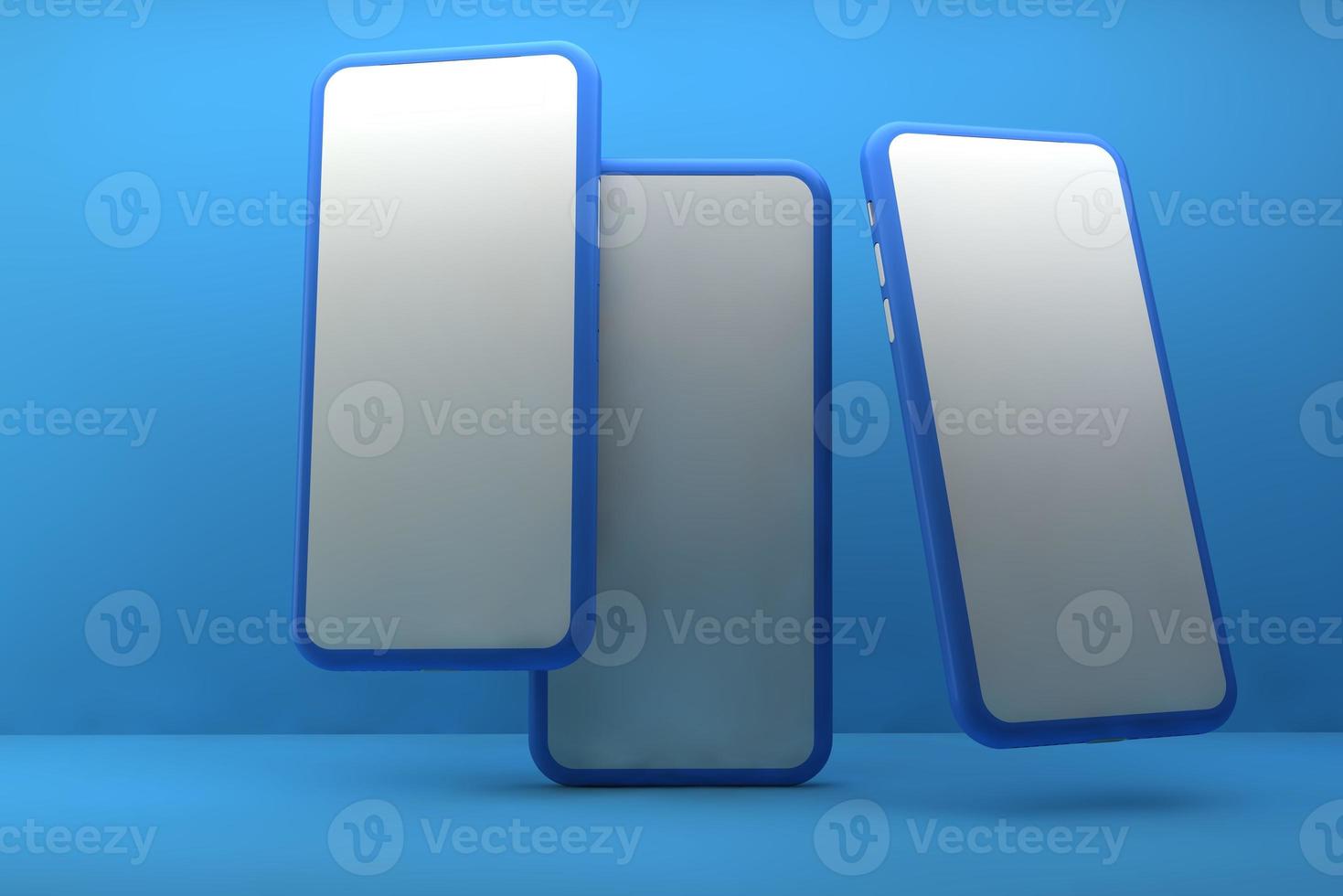 Smartphones with blank screens on blue background. 3D rendering. photo