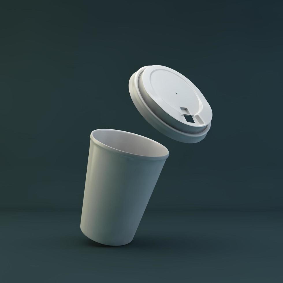 juego de vasos de papel realistas en blanco con tapa de plástico. café para llevar, sacar la taza. Ilustración de procesamiento 3d. foto