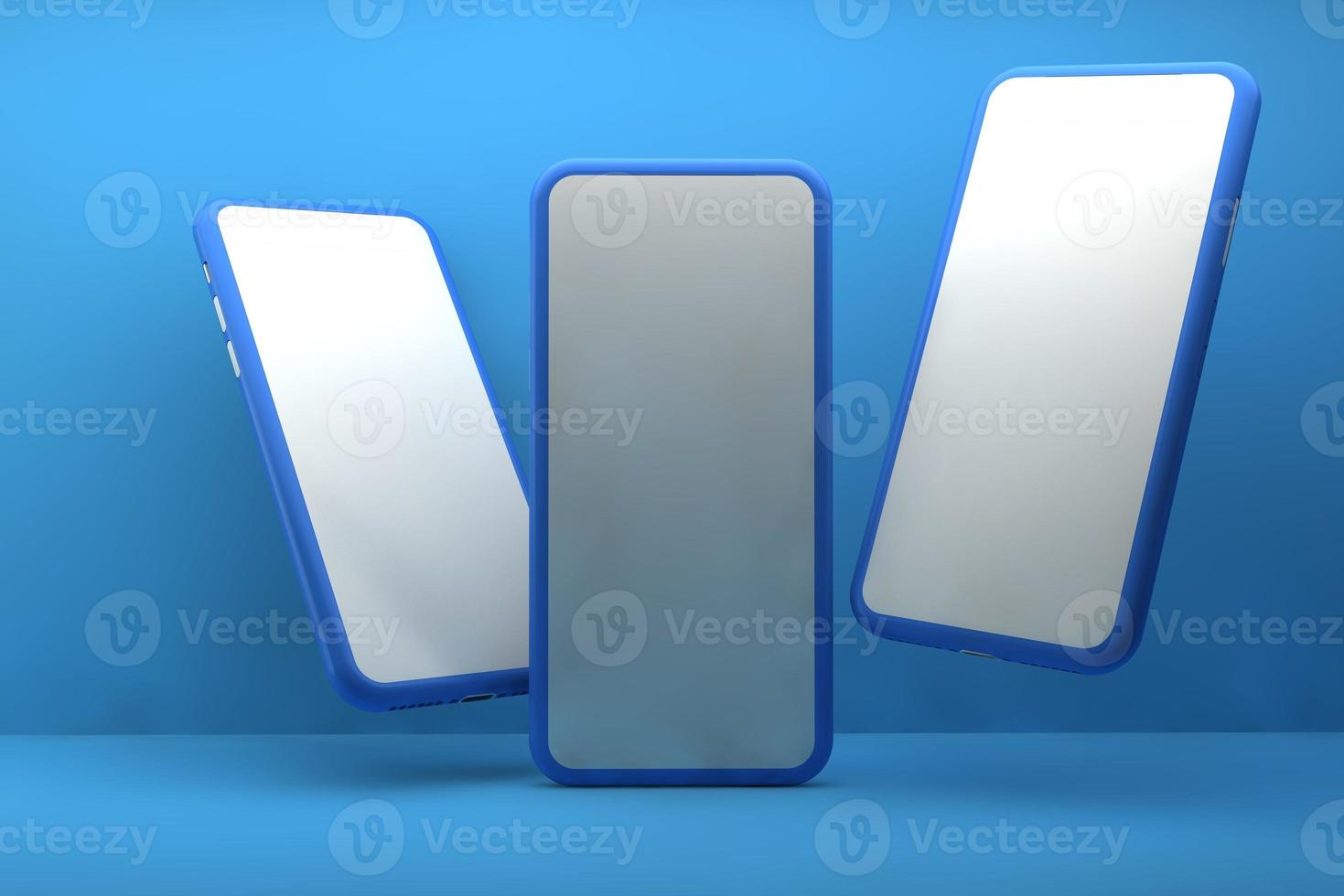 Smartphones with blank screens on blue background. 3D rendering. photo