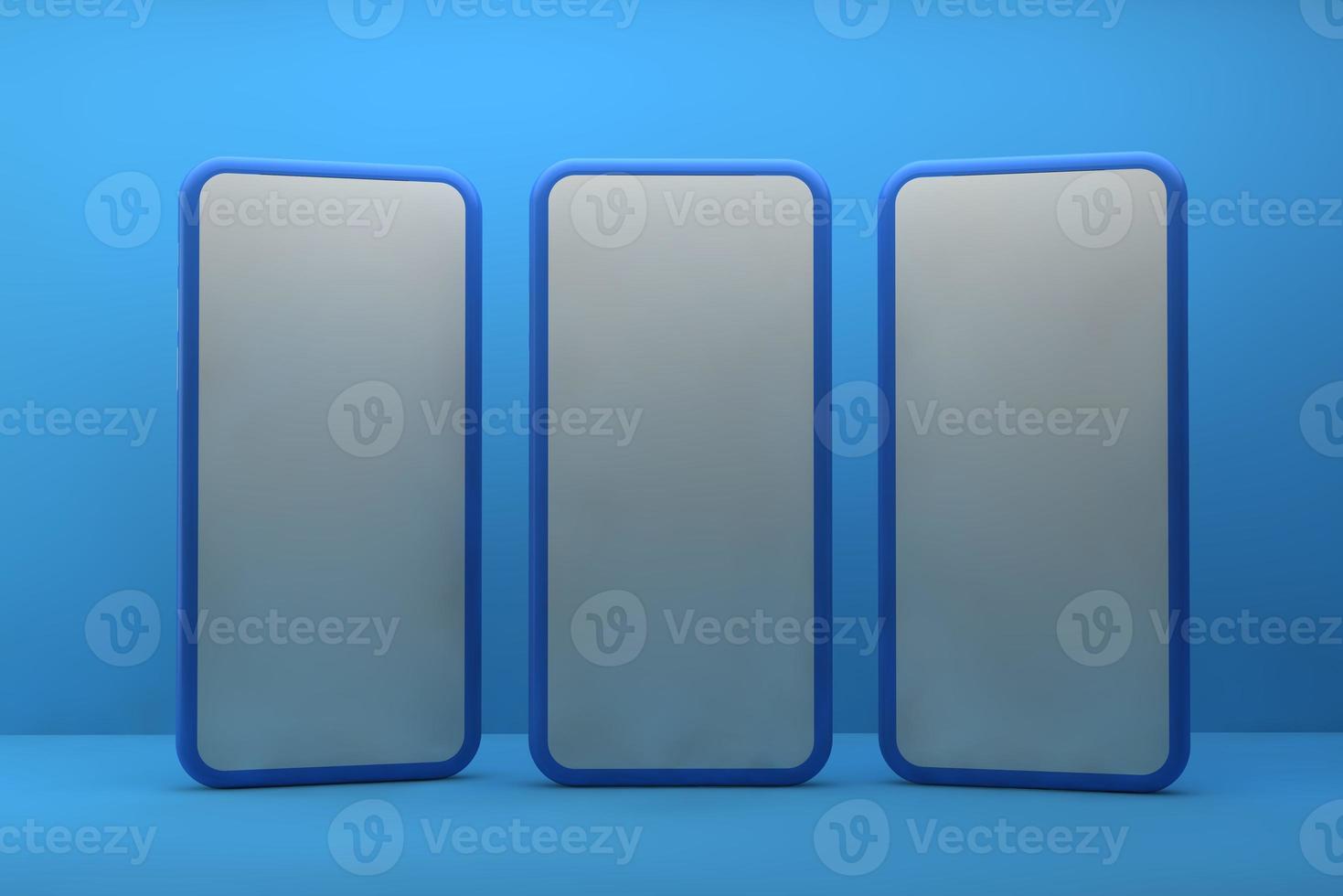 Smartphones with blank screens on blue background. 3D rendering. photo
