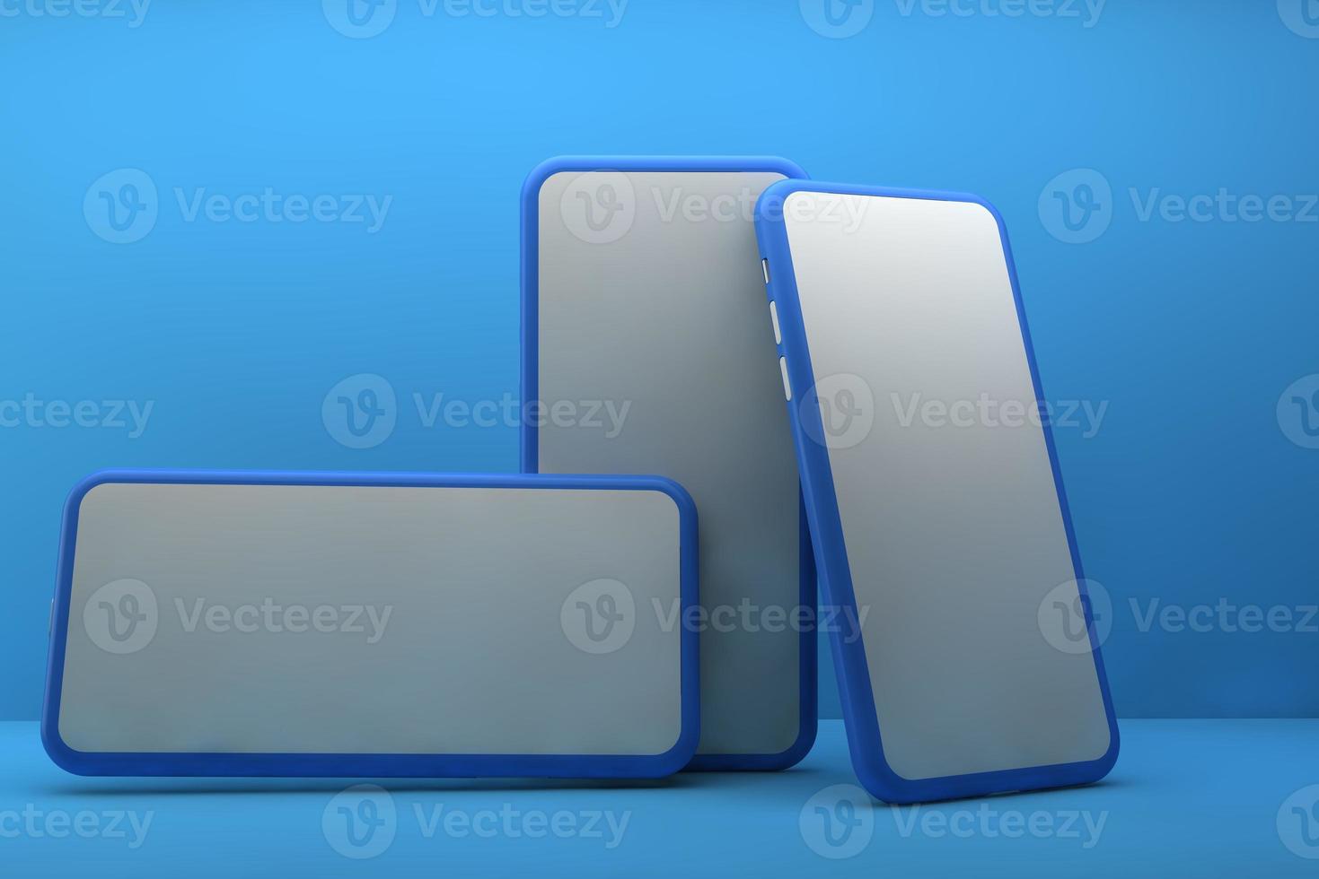 Smartphones with blank screens on blue background. 3D rendering. photo