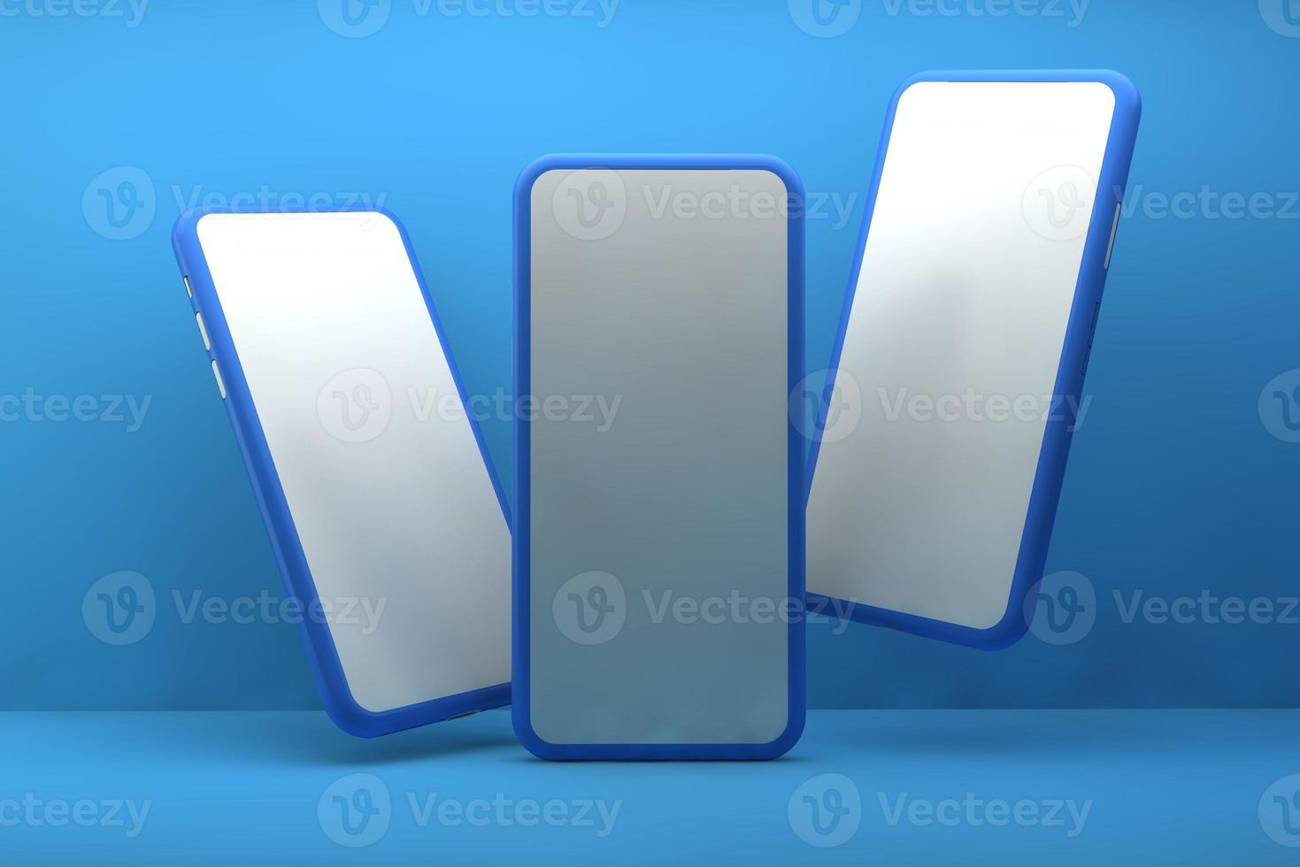 Smartphones with blank screens on blue background. 3D rendering. photo