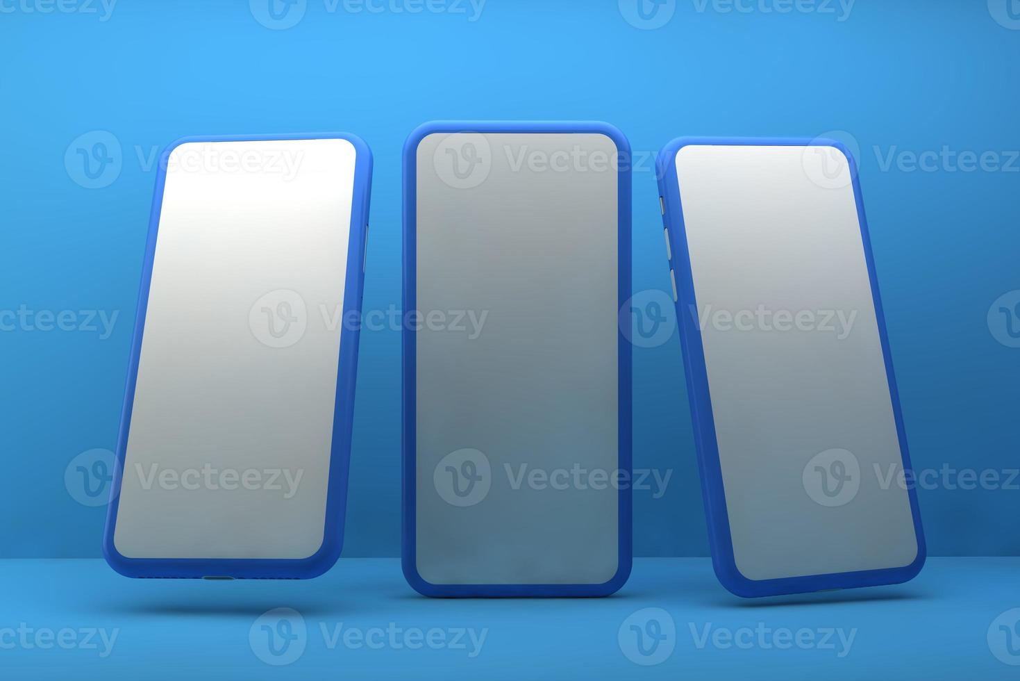 Smartphones with blank screens on blue background. 3D rendering. photo