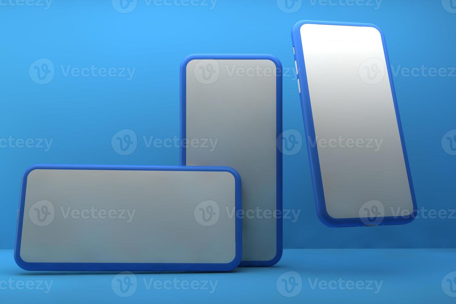 Smartphones with blank screens on blue background. 3D rendering. photo