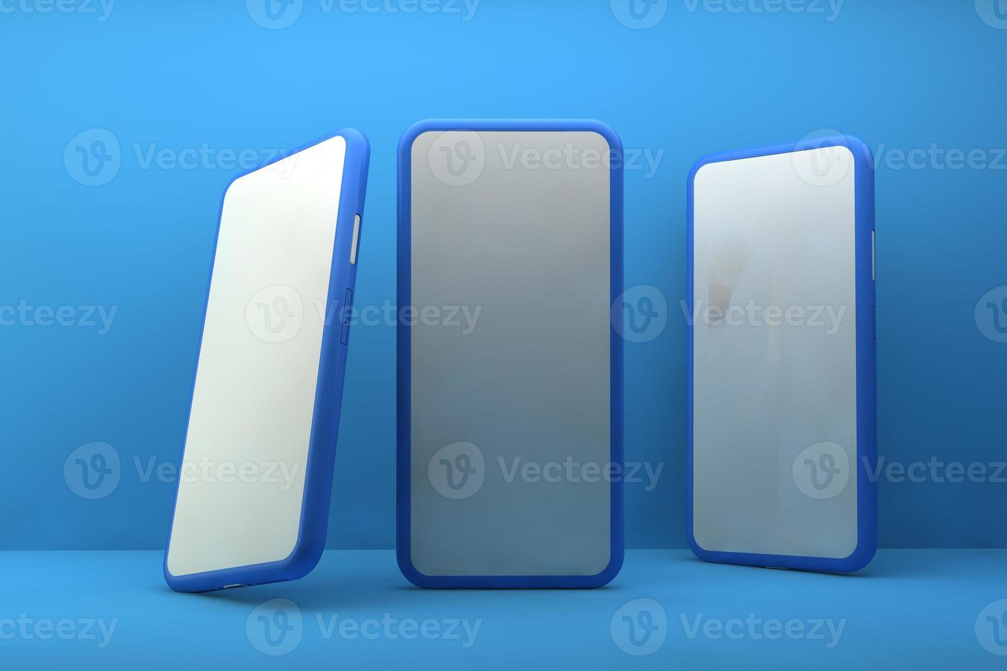 Smartphones with blank screens on blue background. 3D rendering. photo