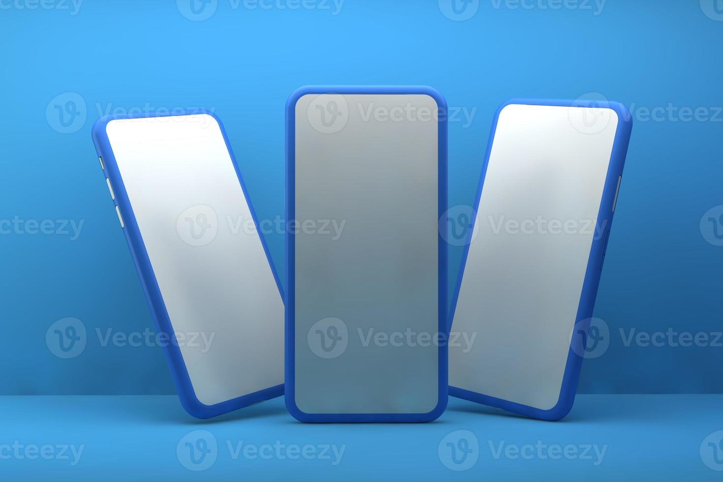 Smartphones with blank screens on blue background. 3D rendering. photo