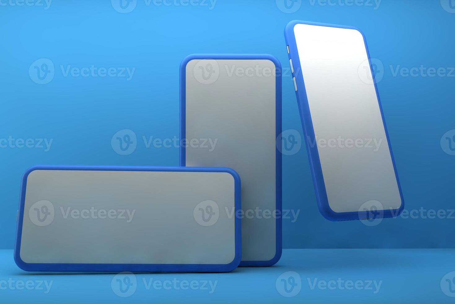 Smartphones with blank screens on blue background. 3D rendering. photo