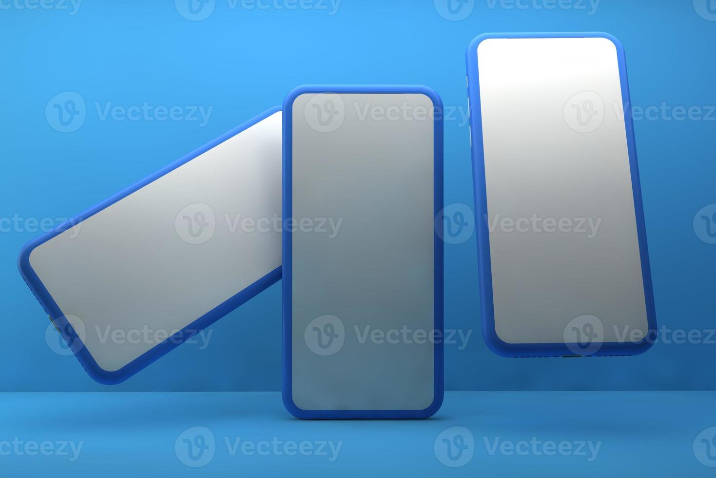 Smartphones with blank screens on blue background. 3D rendering. photo