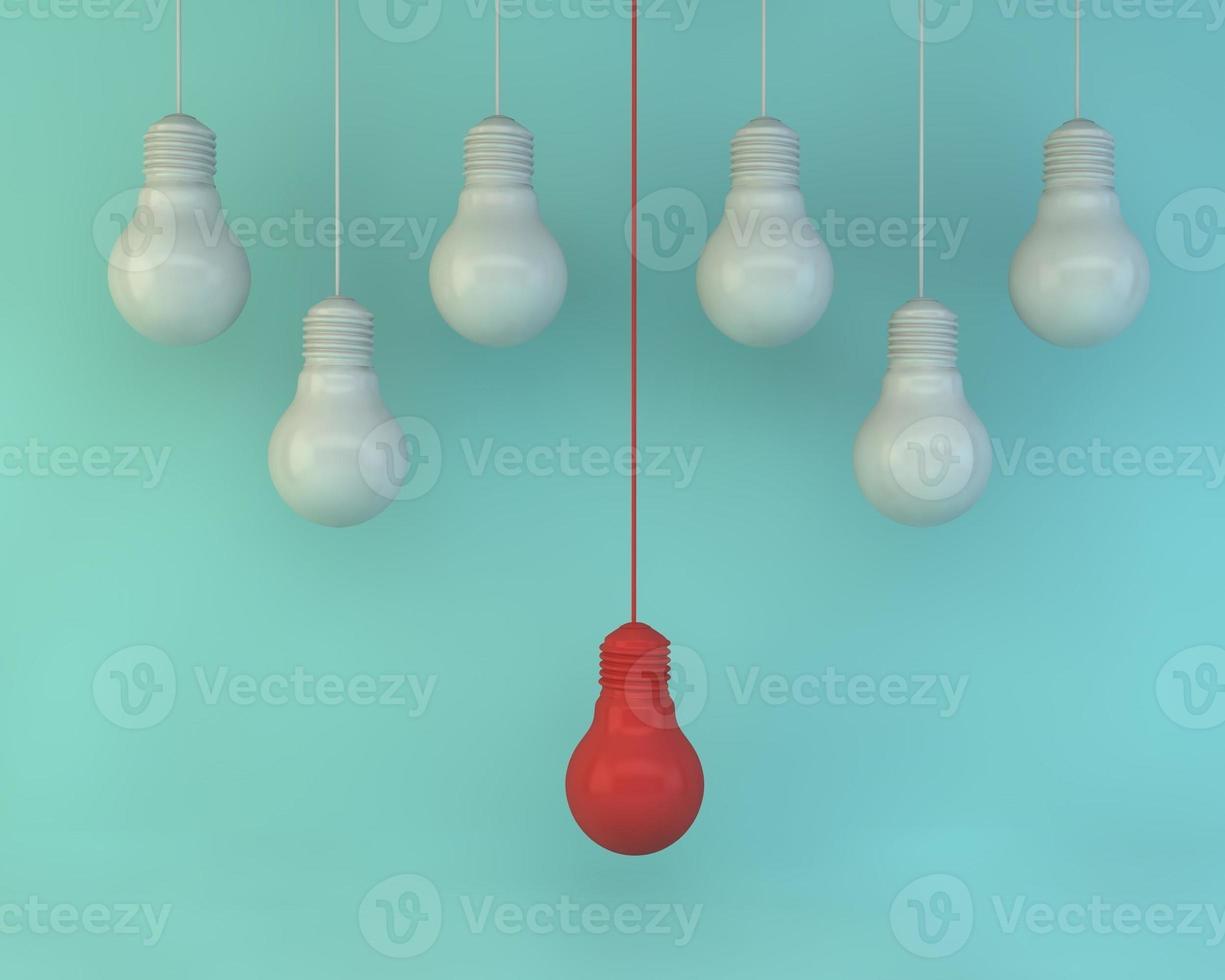 A red light bulb surrounded by white light bulbs on a pastel background photo