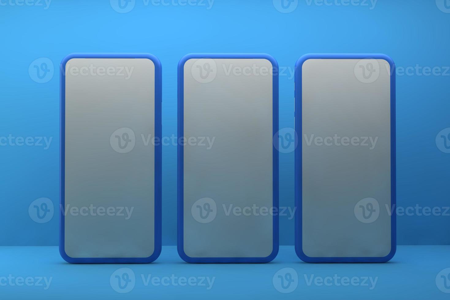 Smartphones with blank screens on blue background. 3D rendering. photo