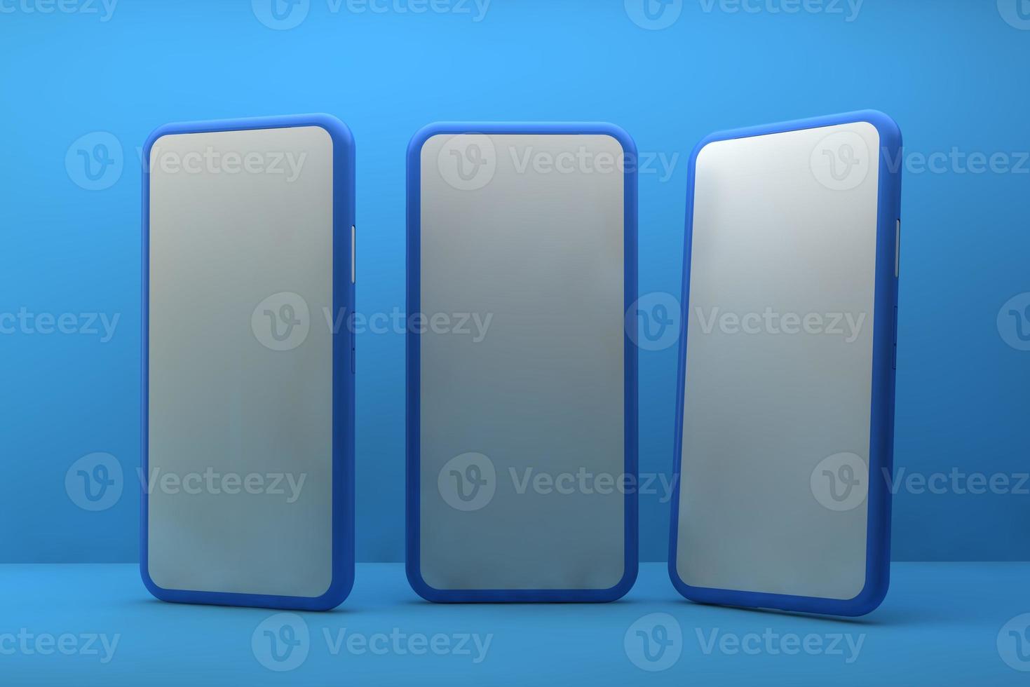 Smartphones with blank screens on blue background. 3D rendering. photo