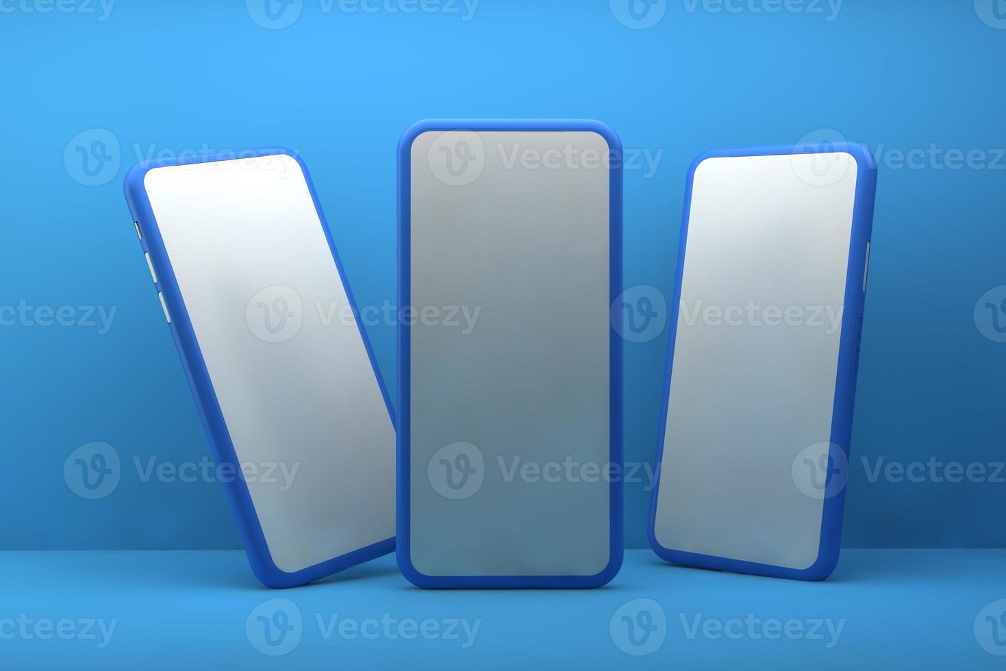 Smartphones with blank screens on blue background. 3D rendering. photo