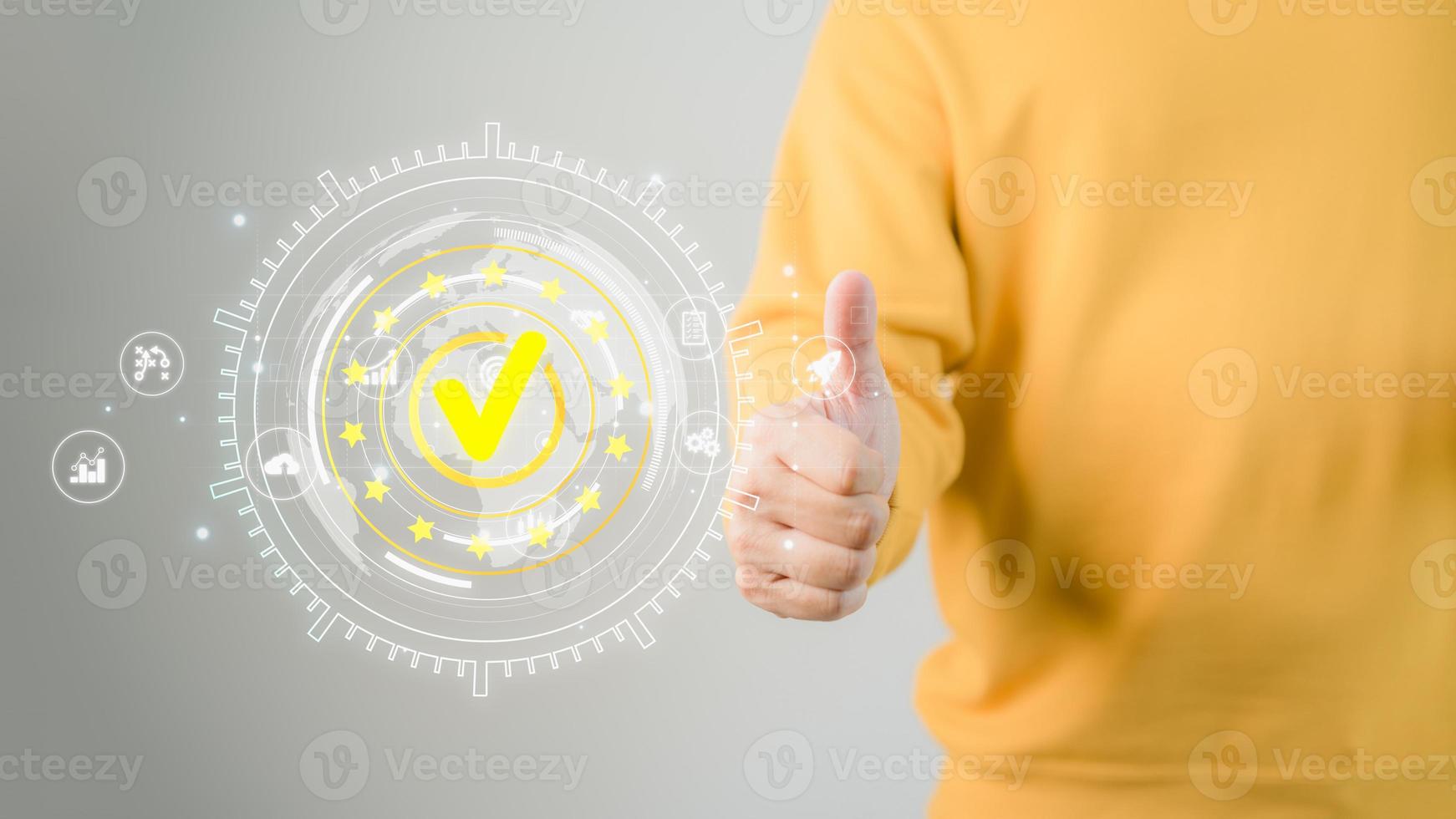 Hand showing the symbol of leading service Quality Assurance, Standard, Assurance, ISO Certification and Standard Concept. Satisfaction Service Experience. photo