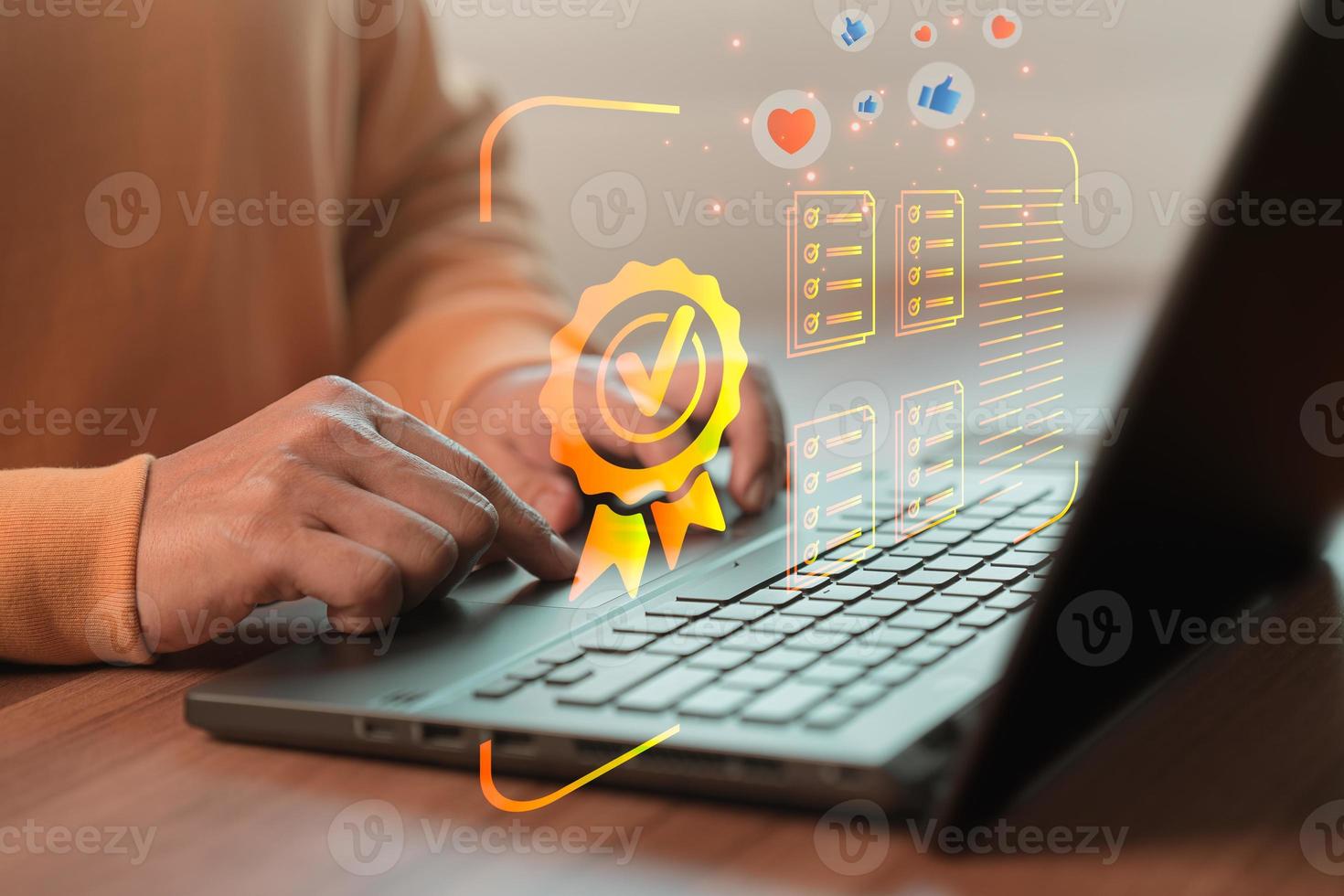 Businessman working with sign of the top service quality assurance on virtual screen. Guarantee, Standards, ISO certification and standardization concept. photo