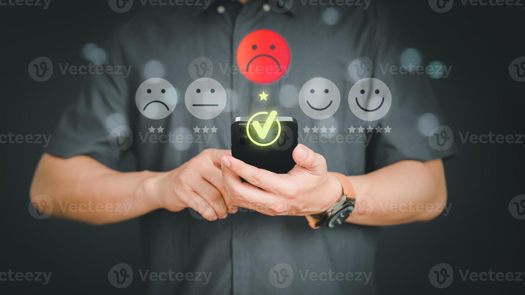 Unhappy man customer with sad emotion face on a mobile phone. Bad review and service dislike poor quality, low rating, bad social media not good. Customer experience dissatisfied and testimonial. photo