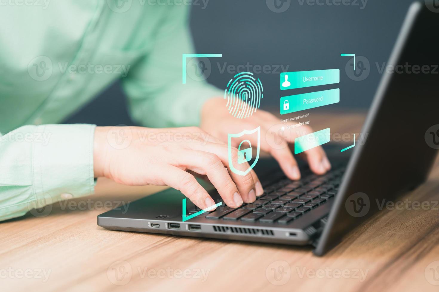 Man typing login user and password, Cyber security concept, Secure encryption and access to the user's private information to access the Internet. photo