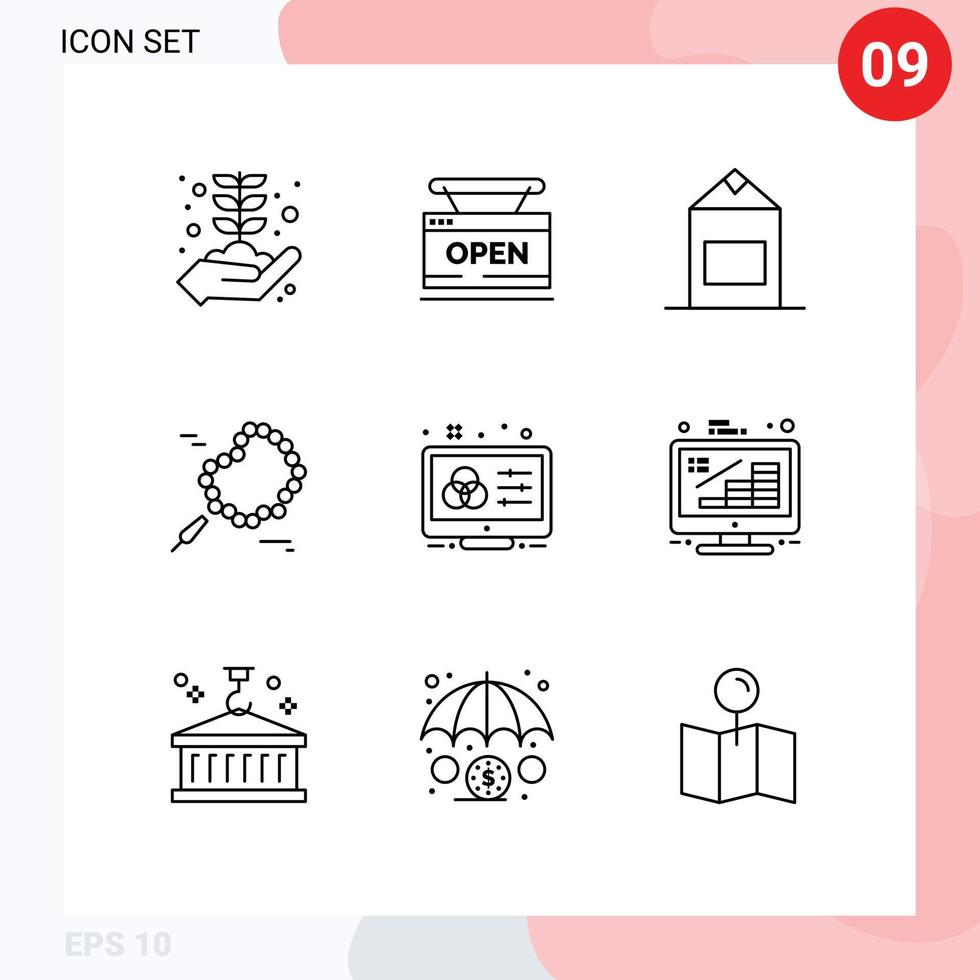 9 User Interface Outline Pack of modern Signs and Symbols of color scheme creative online praying bead Editable Vector Design Elements