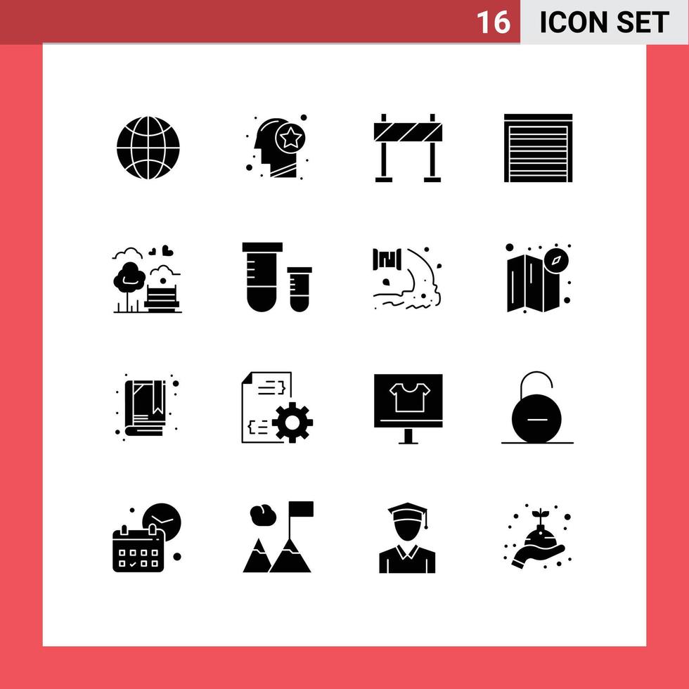 Set of 16 Vector Solid Glyphs on Grid for tree house thinking construction door Editable Vector Design Elements