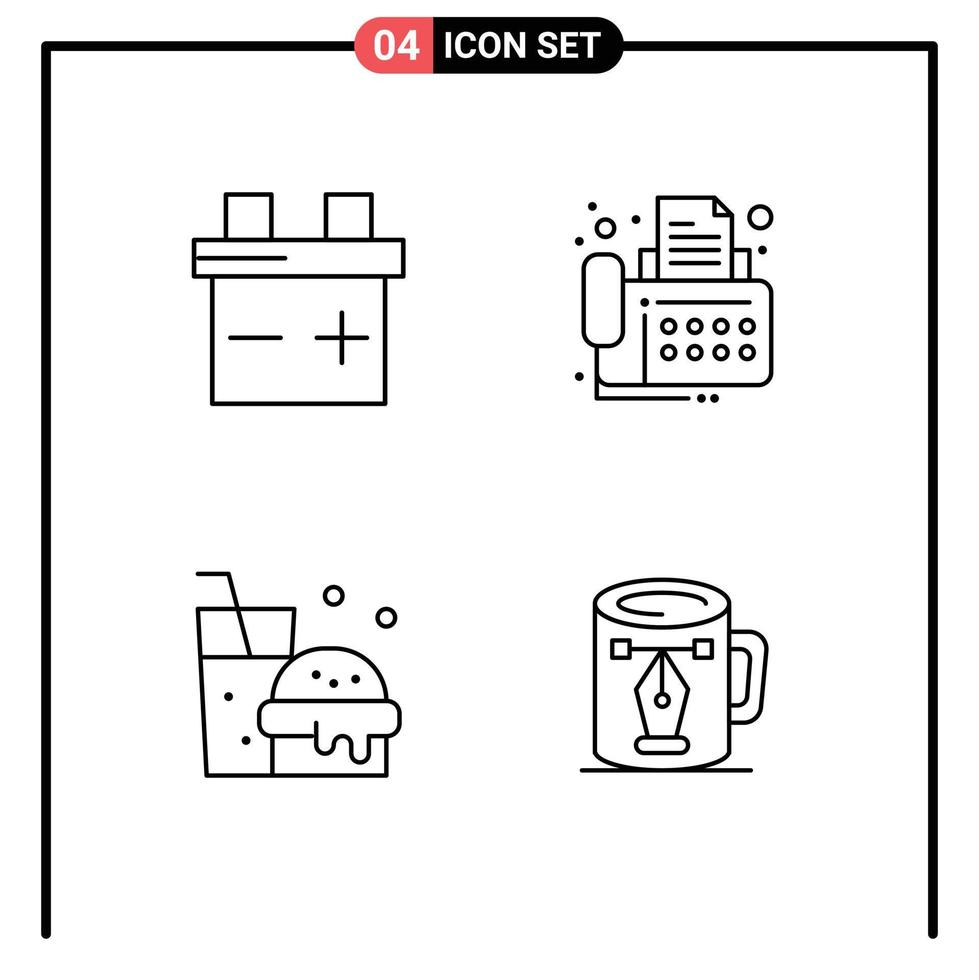 4 Universal Line Signs Symbols of battery coffee contact drink drawing Editable Vector Design Elements