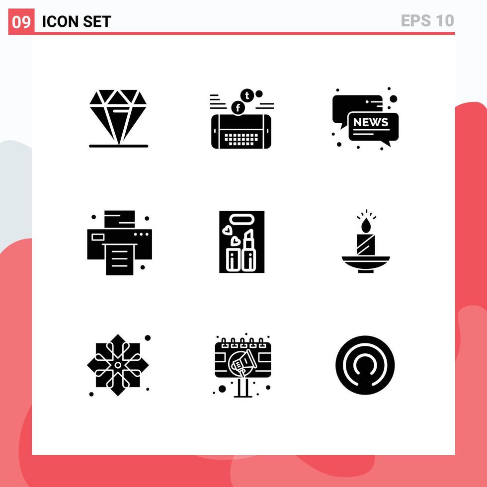 Pack of 9 creative Solid Glyphs of beauty printer twitter print news Editable Vector Design Elements