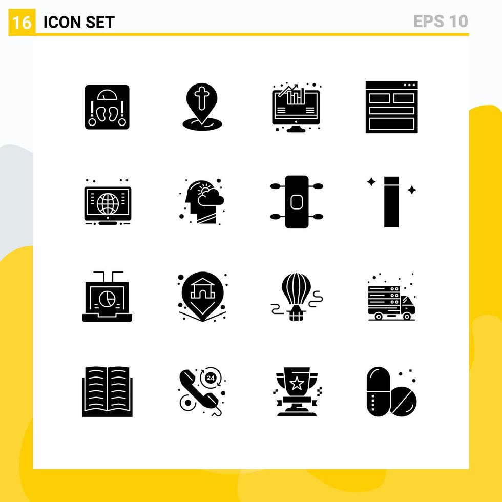 Set of 16 Commercial Solid Glyphs pack for global info analysis form contact Editable Vector Design Elements