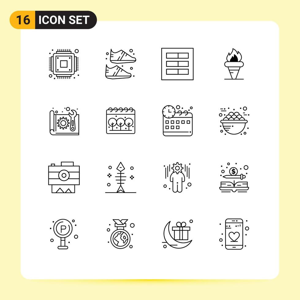 conjunto moderno de 16 contornos y símbolos, como la arquitectura que contiene elementos de diseño de vectores editables de llama griega de rejilla