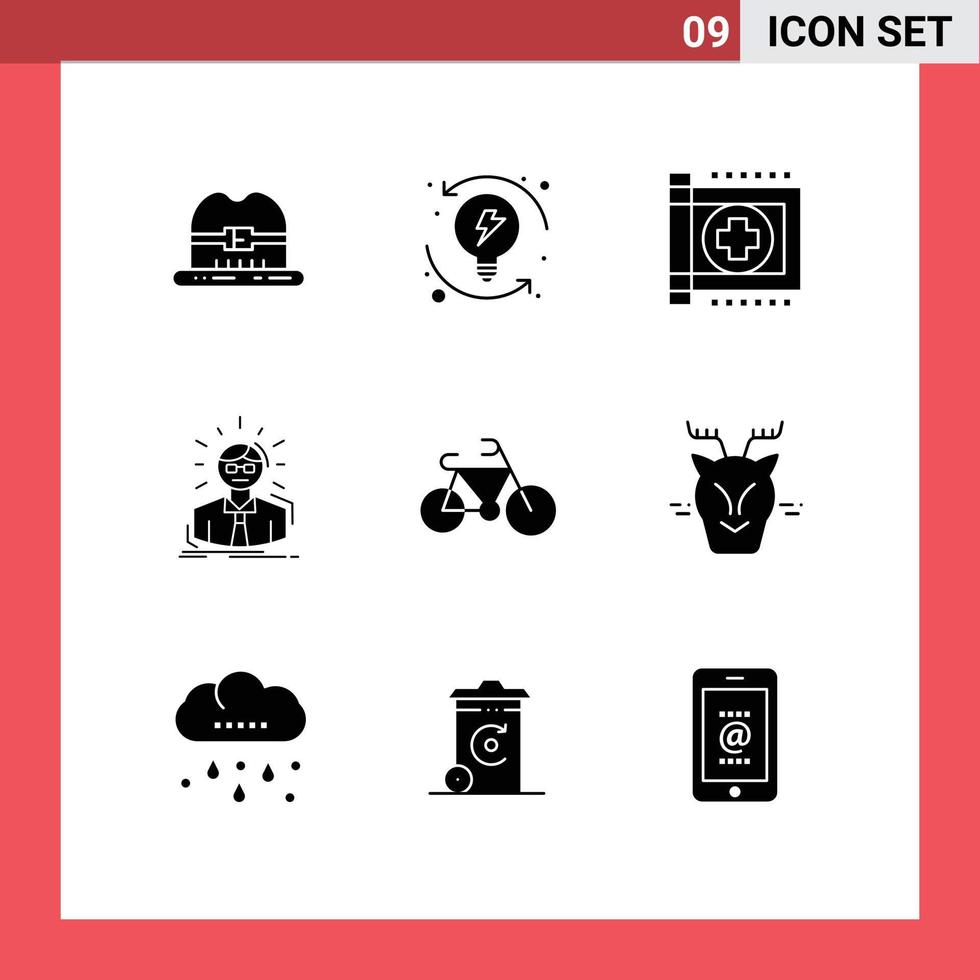 Pack of 9 Modern Solid Glyphs Signs and Symbols for Web Print Media such as bicycle person clinic doctor manager Editable Vector Design Elements