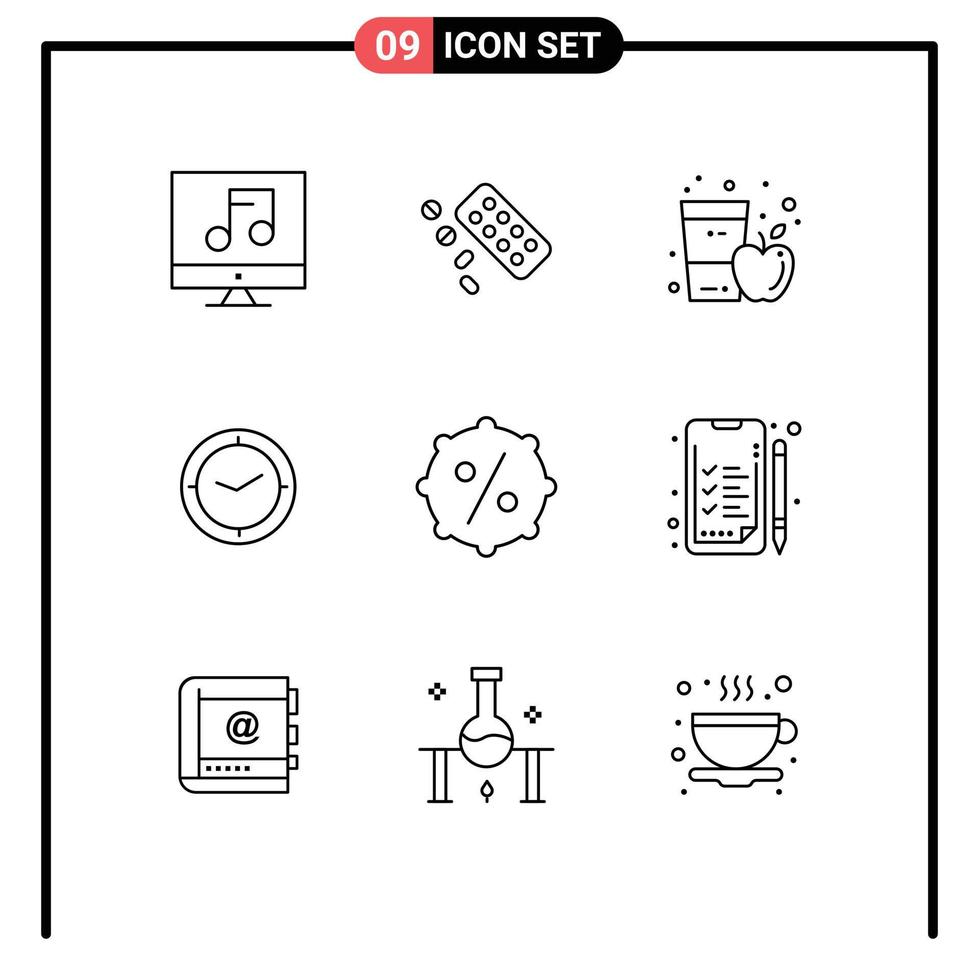 User Interface Pack of 9 Basic Outlines of discount timer apple time juice Editable Vector Design Elements