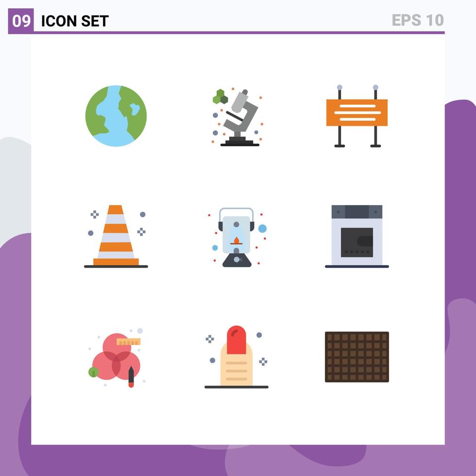 Mobile Interface Flat Color Set of 9 Pictograms of dryer oil traffic barrier lantern vlc Editable Vector Design Elements
