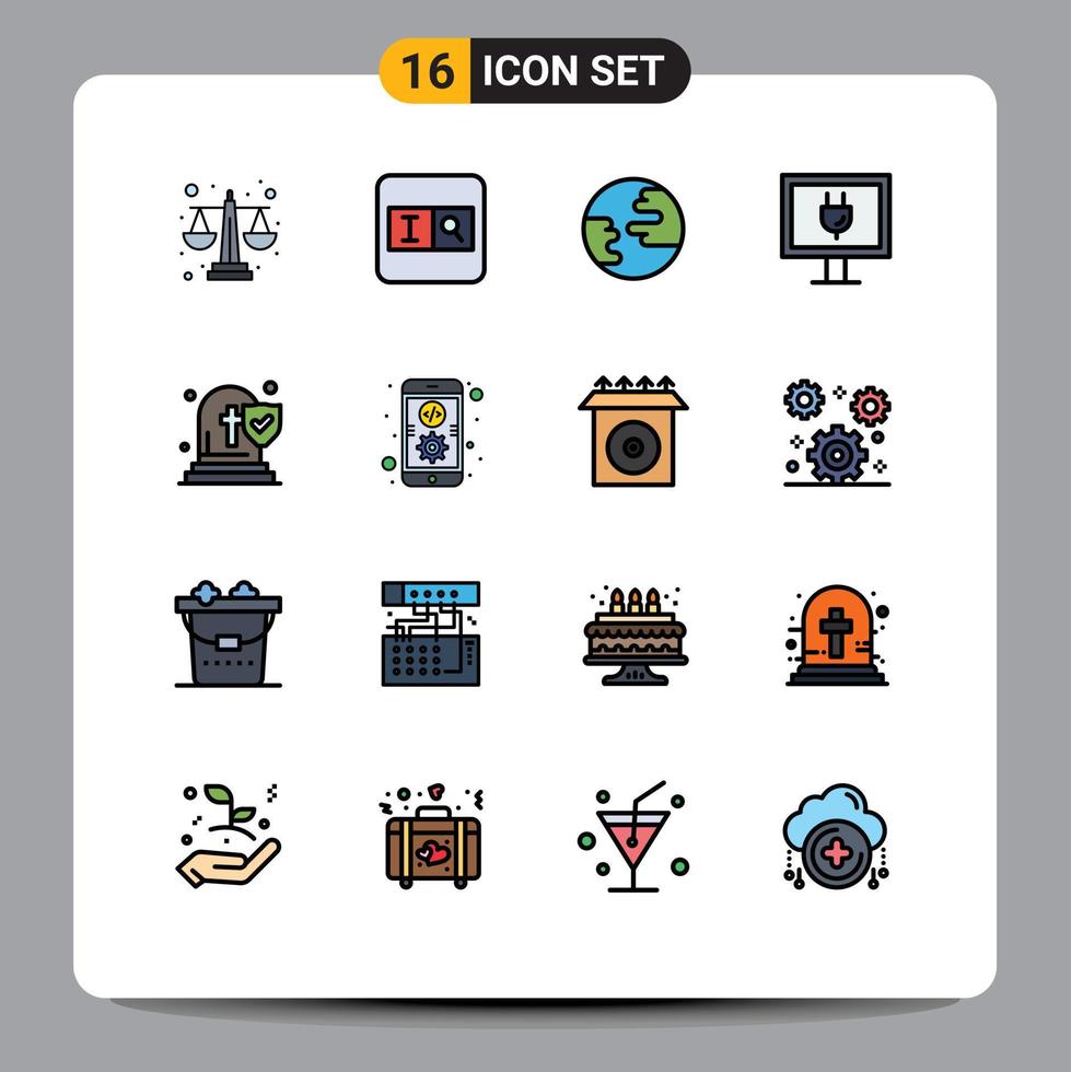 Pack of 16 Modern Flat Color Filled Lines Signs and Symbols for Web Print Media such as app funeral globe death tv Editable Creative Vector Design Elements