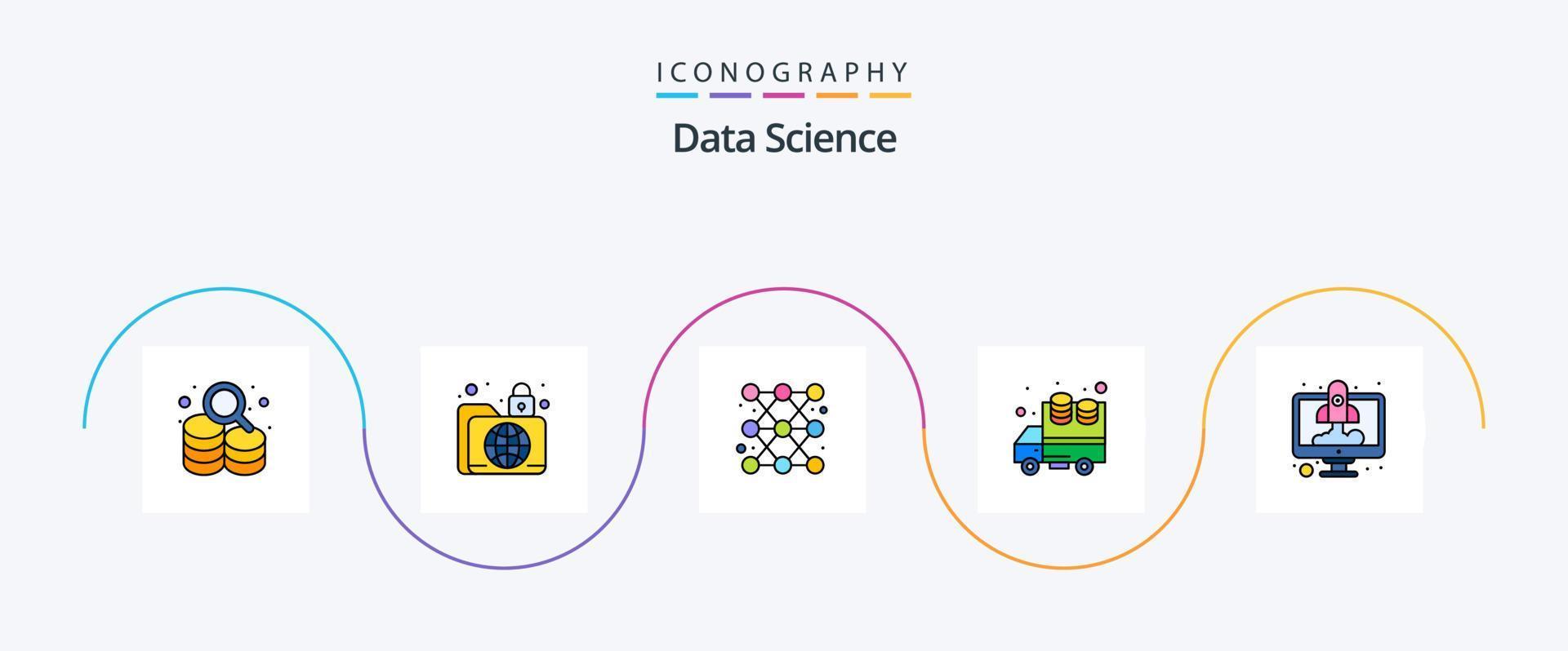 Data Science Line Filled Flat 5 Icon Pack Including computer. data. secure. big data. line vector