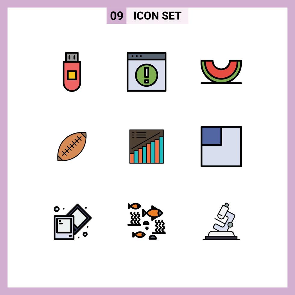 paquete de 9 modernos signos y símbolos de colores planos de línea de relleno para medios de impresión web como rugby ball football berry australia slice elementos de diseño de vectores editables