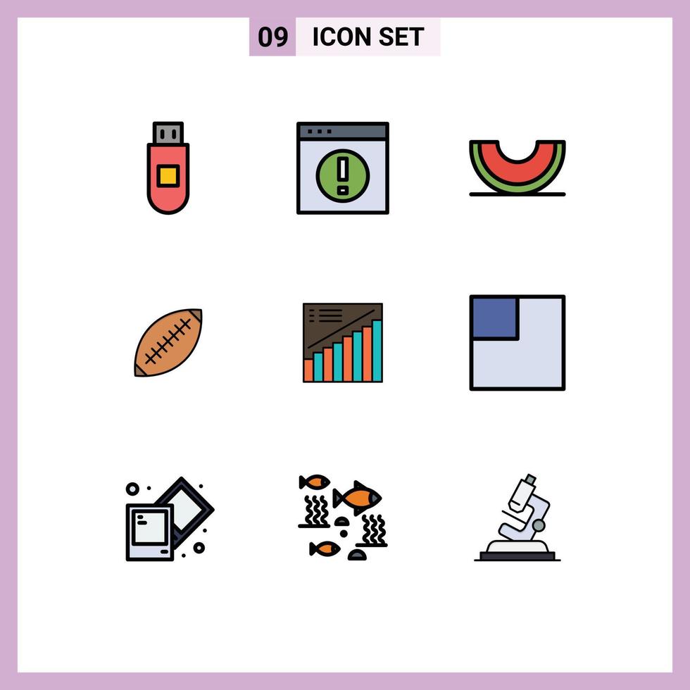 Pack of 9 Modern Filledline Flat Colors Signs and Symbols for Web Print Media such as rugby ball football berry australia slice Editable Vector Design Elements