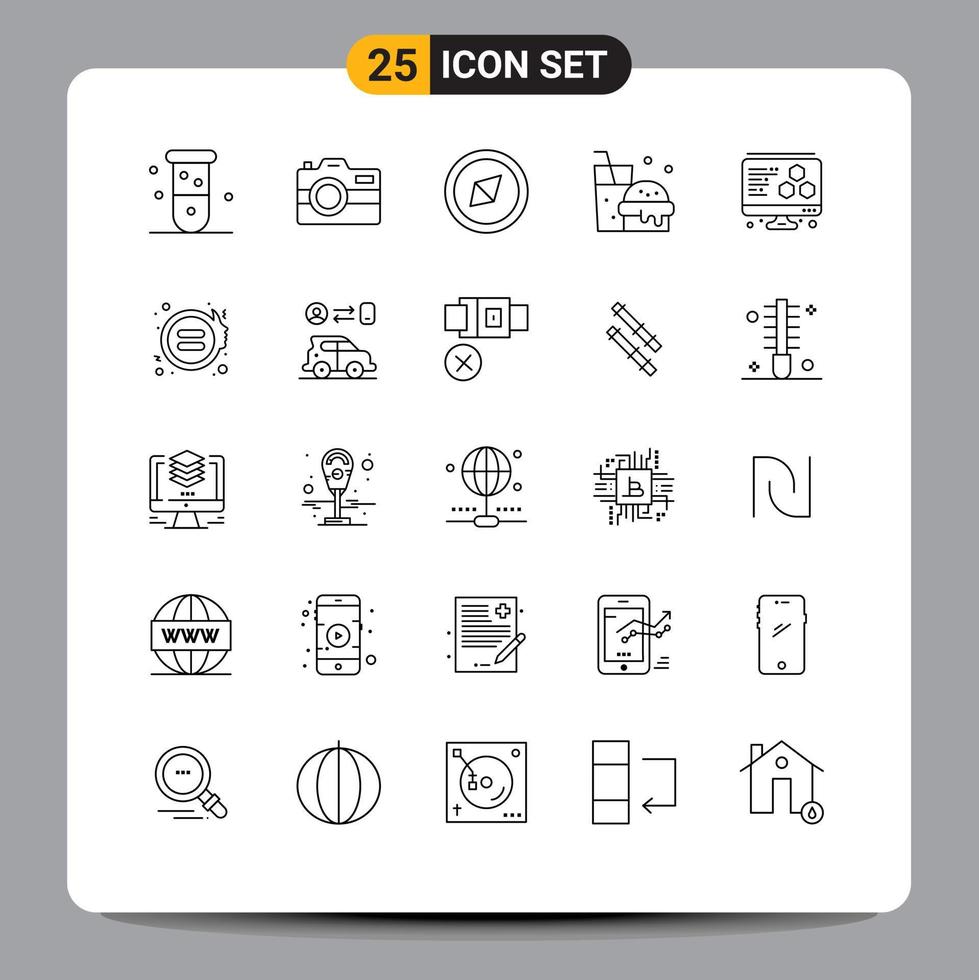 25 Universal Line Signs Symbols of equality printing technology food drink Editable Vector Design Elements