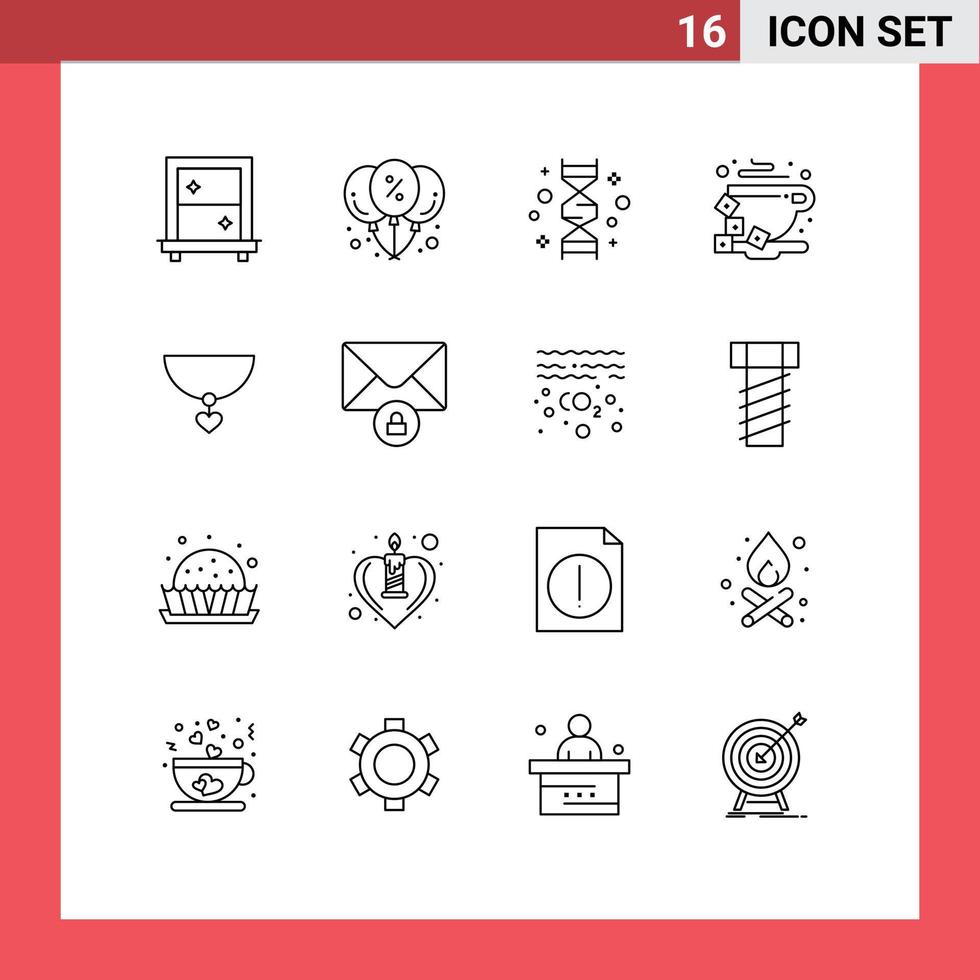 Pack of 16 Modern Outlines Signs and Symbols for Web Print Media such as heart bean dna cup break Editable Vector Design Elements