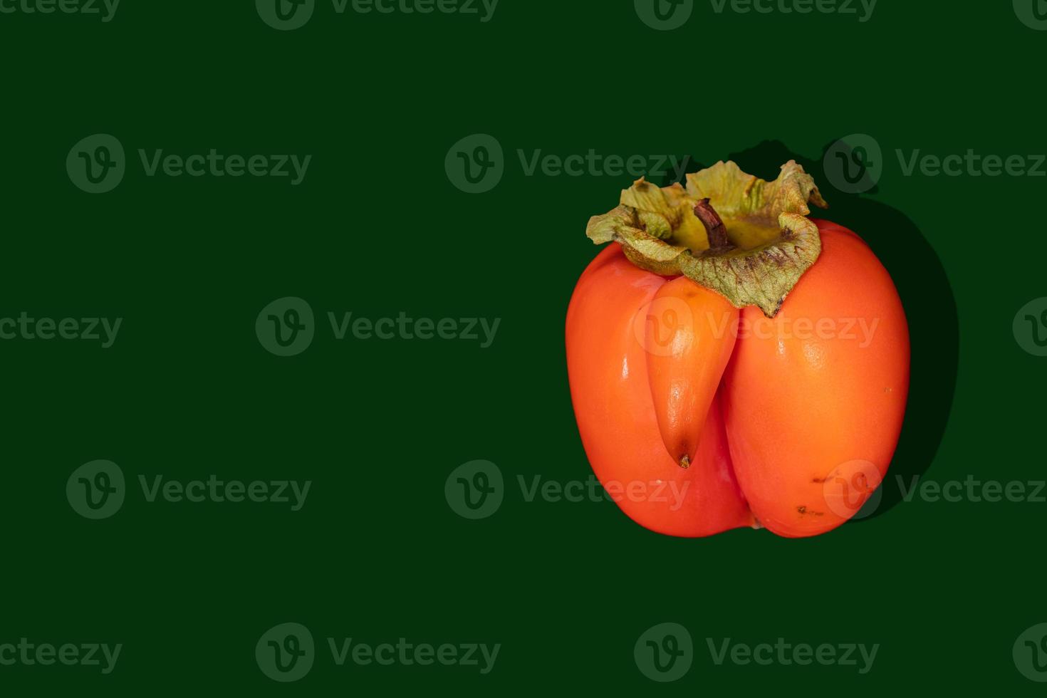 One ugly ripe orange persimmon close up on dark green background with copy space. photo