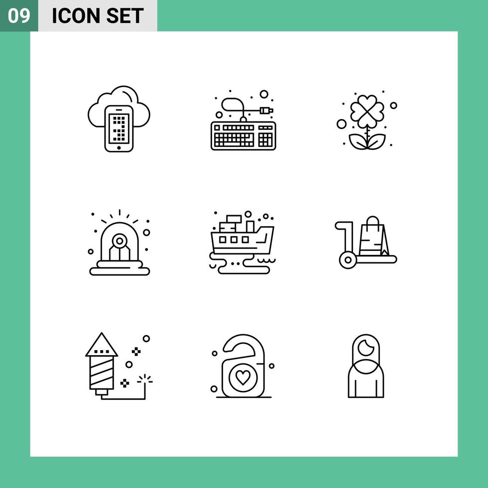 Group of 9 Outlines Signs and Symbols for pollution leaked clover siren alert Editable Vector Design Elements