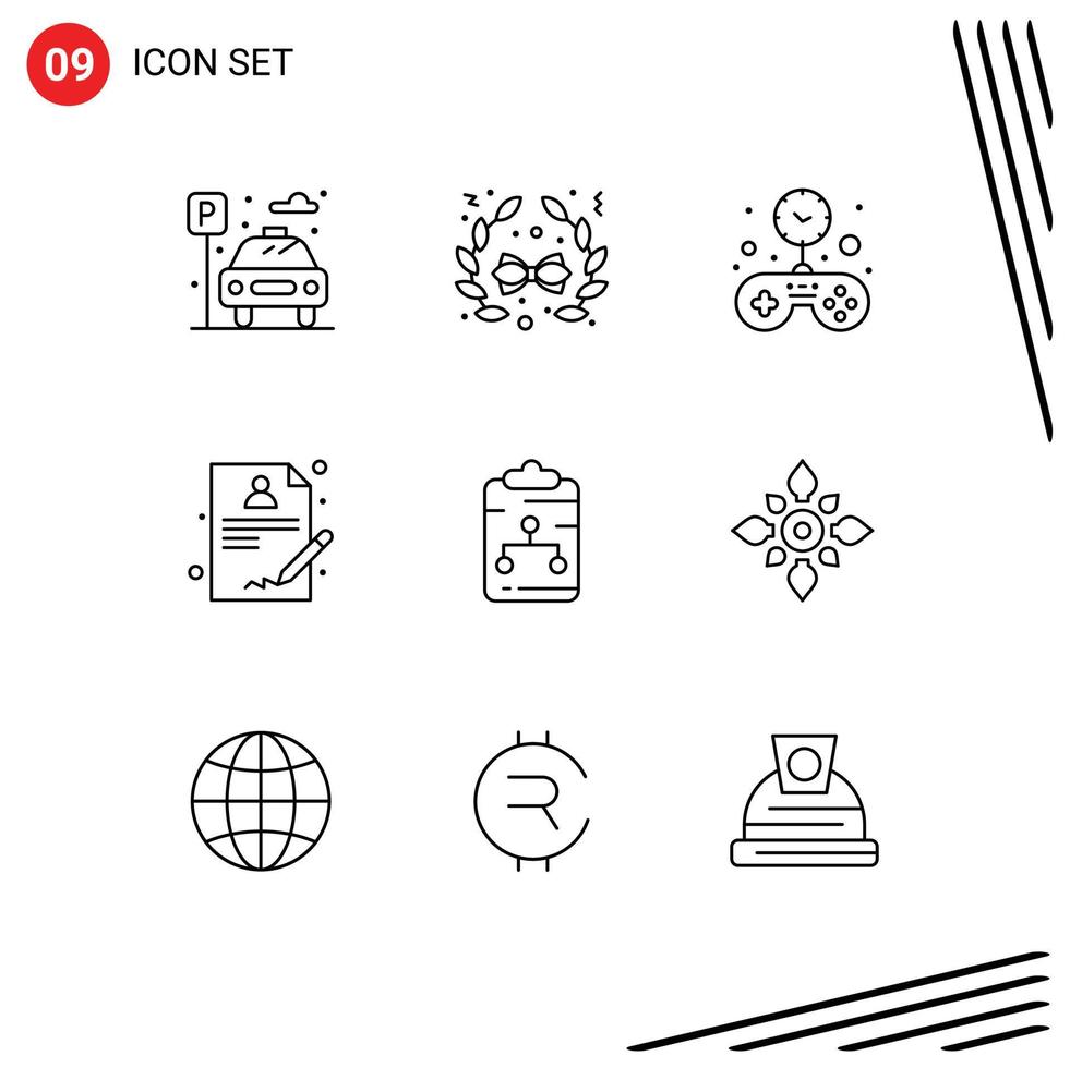 Group of 9 Outlines Signs and Symbols for document connect game clipboard report Editable Vector Design Elements