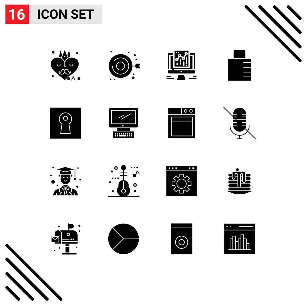Solid Glyph Pack of 16 Universal Symbols of lock security analytics protect key Editable Vector Design Elements