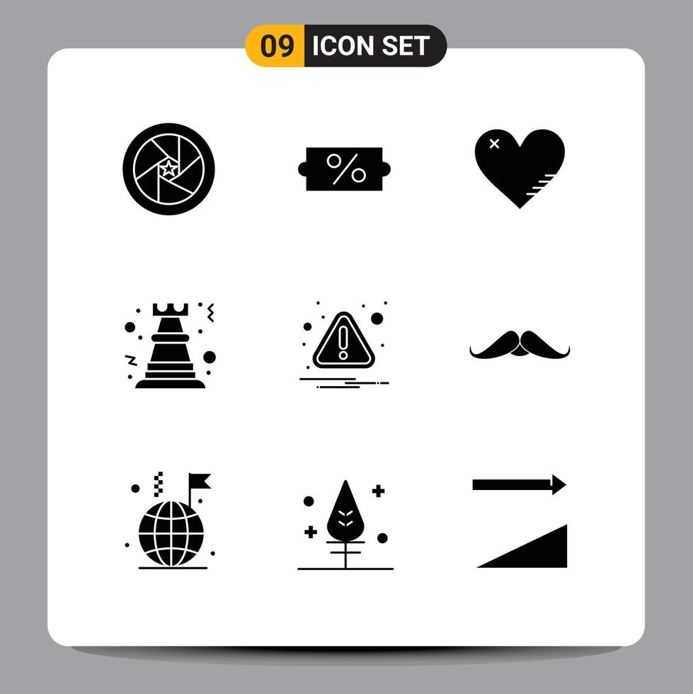 Pack of 9 creative Solid Glyphs of strategy game heart chess report Editable Vector Design Elements