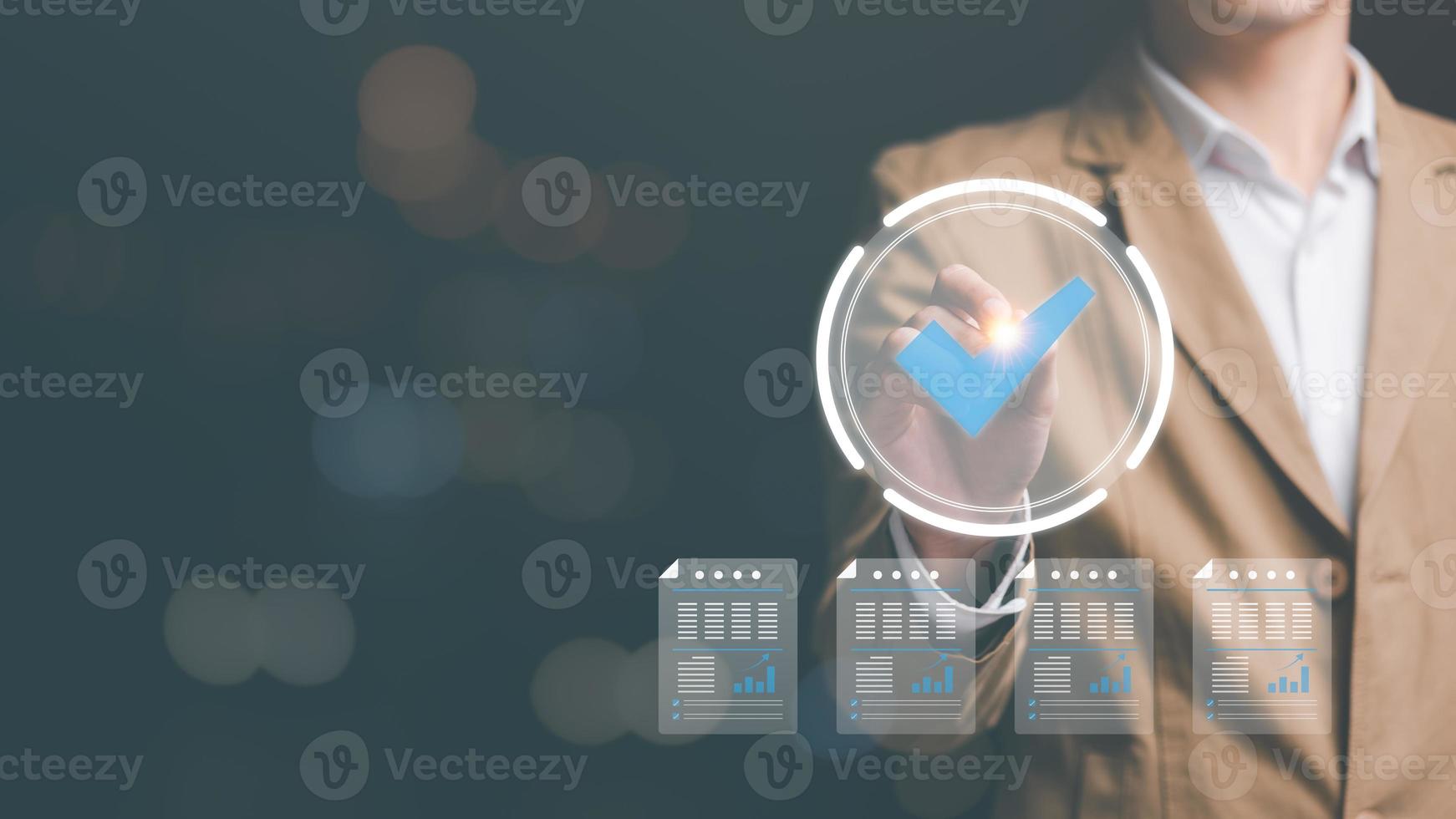 Businessman Audit documents, quality assessment management With a checklist, business document evaluation process, market data report analysis and consulting, review process correctness of document photo