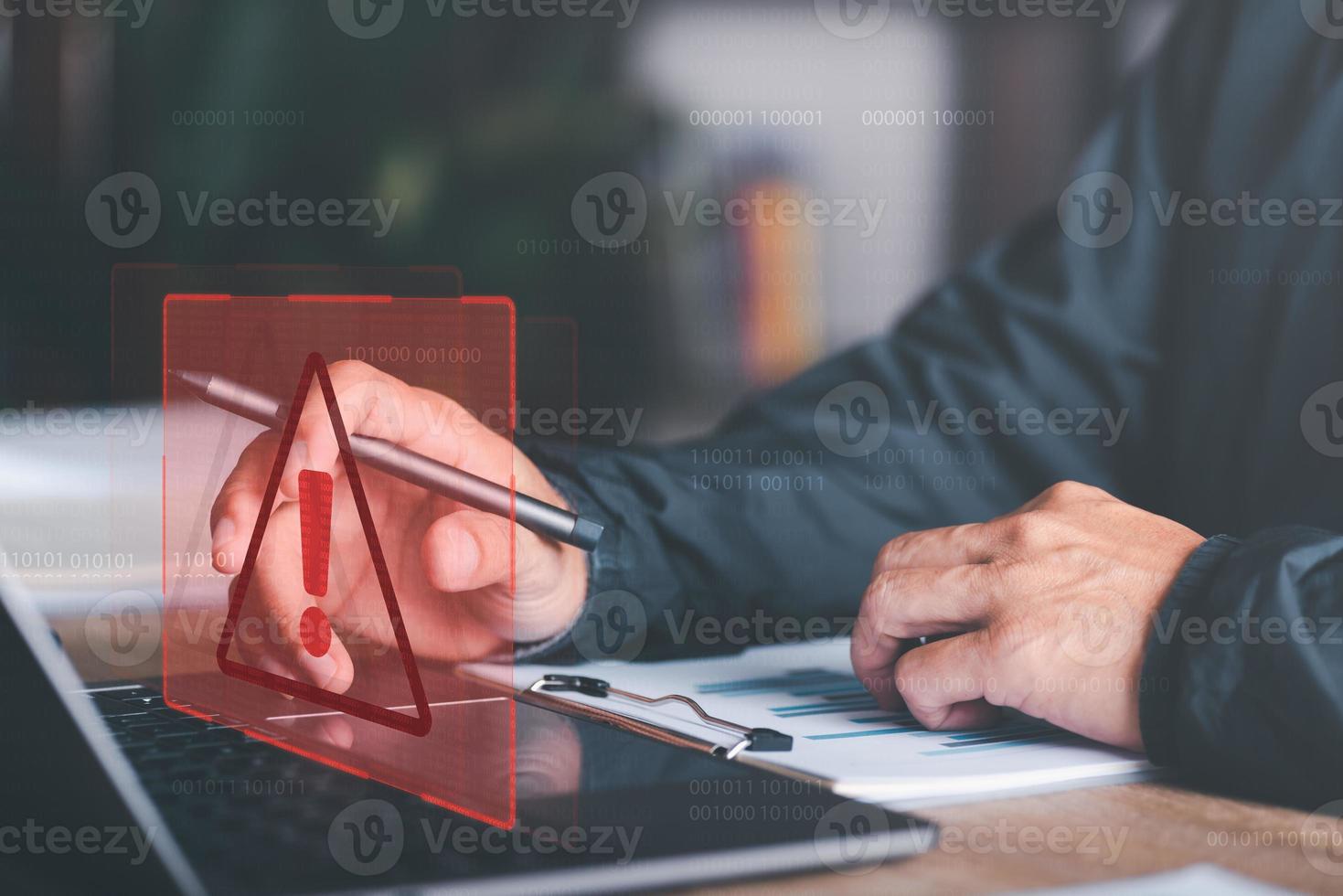 businessman and warning icon, exclamation mark,alarm,computer virus detected,danger warning concept or information error that should be urgently fixed and repaired,Notification of security issues photo